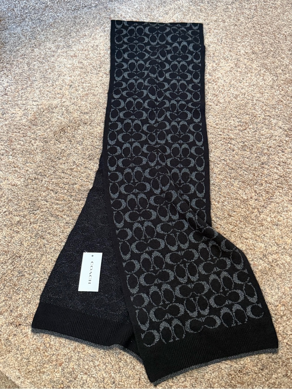 NWT - Coach Signature Logo Jacquard Scarf in Black and Glitter Gray